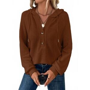 NEW LILY CLOTHING waffle button-up hoodie pullover in caramel